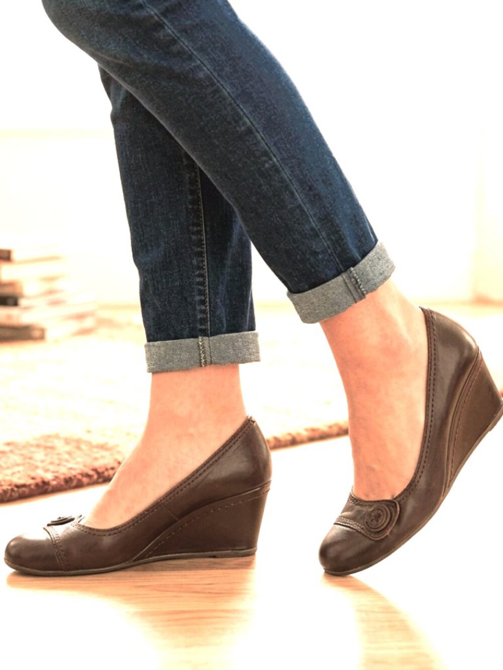 Fly London Brown Leather Wedge Pumps with Button Accent